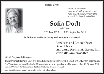Anzeige von Sofia Dodt von  Sonntags-Post 