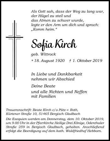 Anzeige von Sofia Kirch von Kölner Stadt-Anzeiger / Kölnische Rundschau / Express