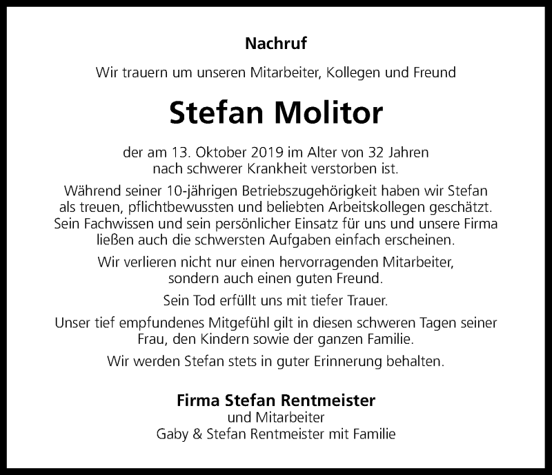  Traueranzeige für Stefan Molitor vom 23.10.2019 aus Kölner Stadt-Anzeiger / Kölnische Rundschau / Express