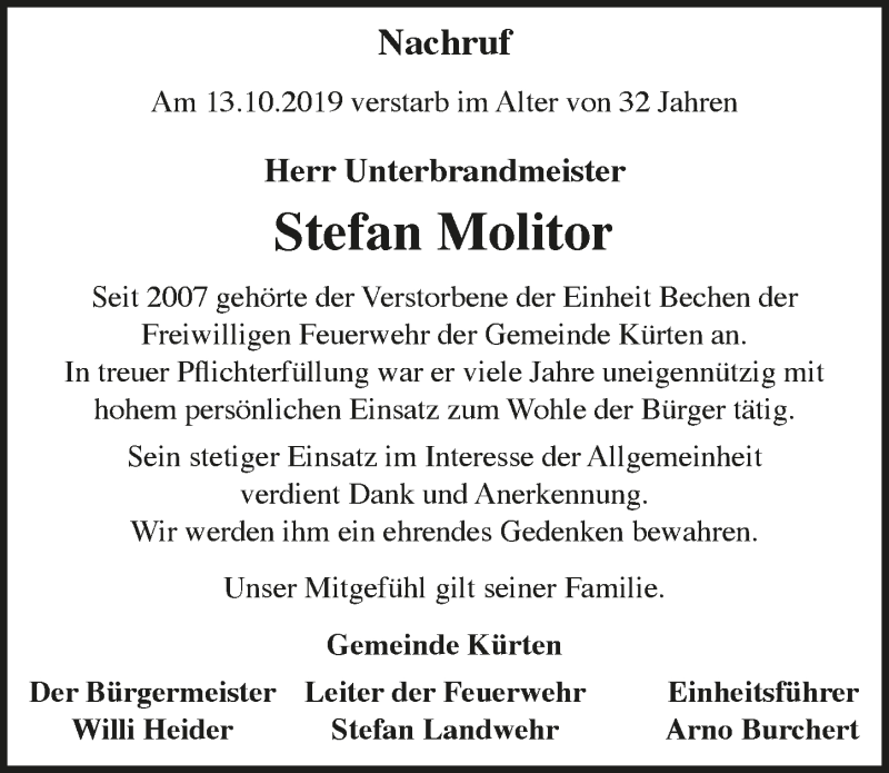  Traueranzeige für Stefan Molitor vom 23.10.2019 aus  Bergisches Handelsblatt 