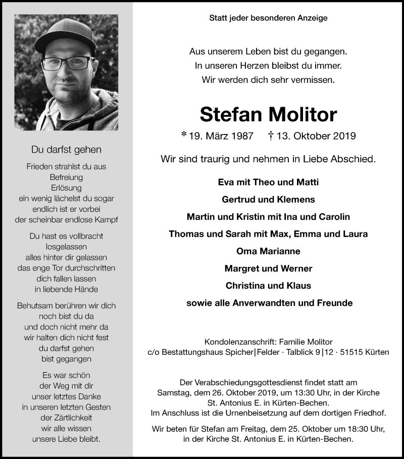  Traueranzeige für Stefan Molitor vom 19.10.2019 aus Kölner Stadt-Anzeiger / Kölnische Rundschau / Express