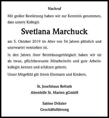 Anzeige von Svetlana Marchuck von Kölner Stadt-Anzeiger / Kölnische Rundschau / Express