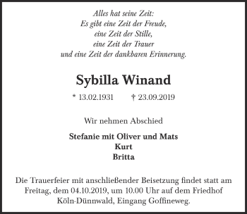 Anzeige von Sybilla Winand von  Kölner Wochenspiegel 