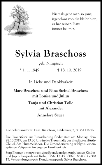 Anzeige von Sylvia Braschoss von Kölner Stadt-Anzeiger / Kölnische Rundschau / Express