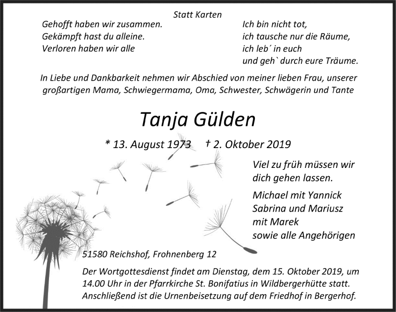  Traueranzeige für Tanja Gülden vom 09.10.2019 aus  Lokalanzeiger 