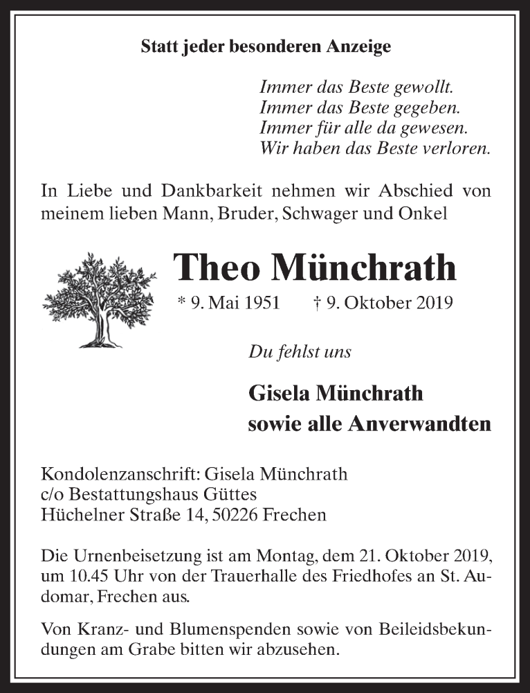  Traueranzeige für Theo Münchrath vom 16.10.2019 aus  Wochenende 
