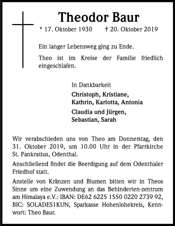 Anzeige von Theodor Baur von Kölner Stadt-Anzeiger / Kölnische Rundschau / Express