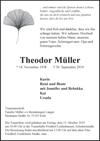 Anzeige von Theodor Müller von  Kölner Wochenspiegel 