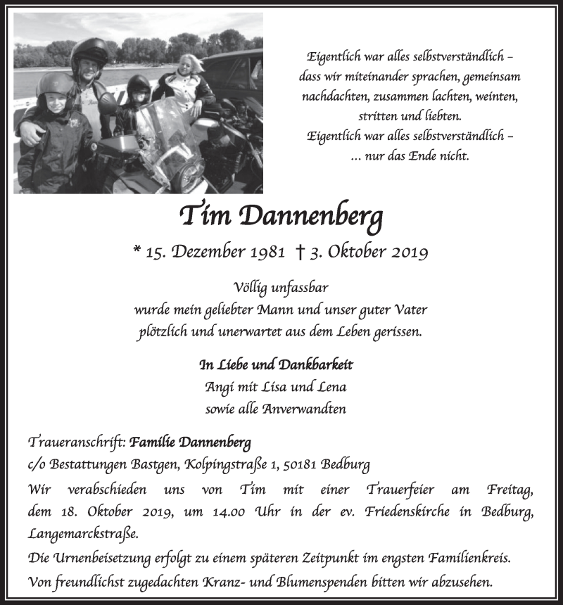  Traueranzeige für Tim Dannenberg vom 12.10.2019 aus  Sonntags-Post 