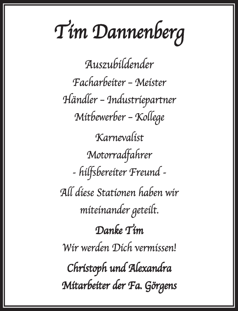  Traueranzeige für Tim Dannenberg vom 12.10.2019 aus  Sonntags-Post 