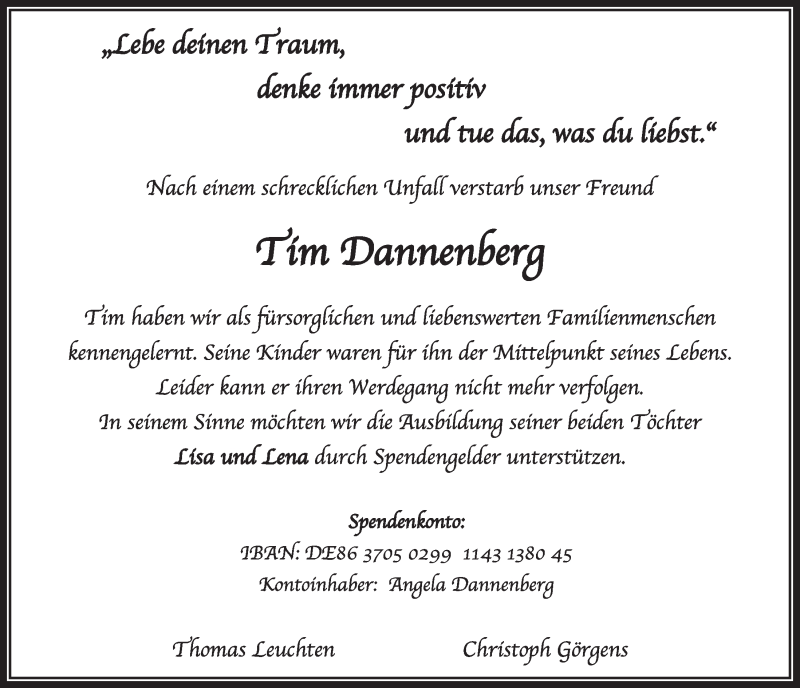  Traueranzeige für Tim Dannenberg vom 12.10.2019 aus  Sonntags-Post 