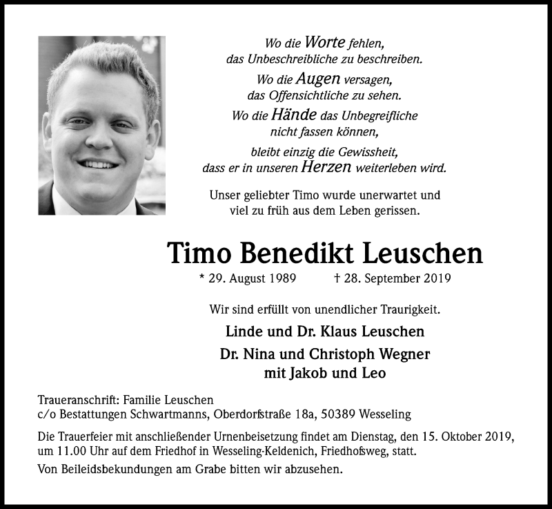  Traueranzeige für Timo Benedikt Leuschen vom 12.10.2019 aus Kölner Stadt-Anzeiger / Kölnische Rundschau / Express
