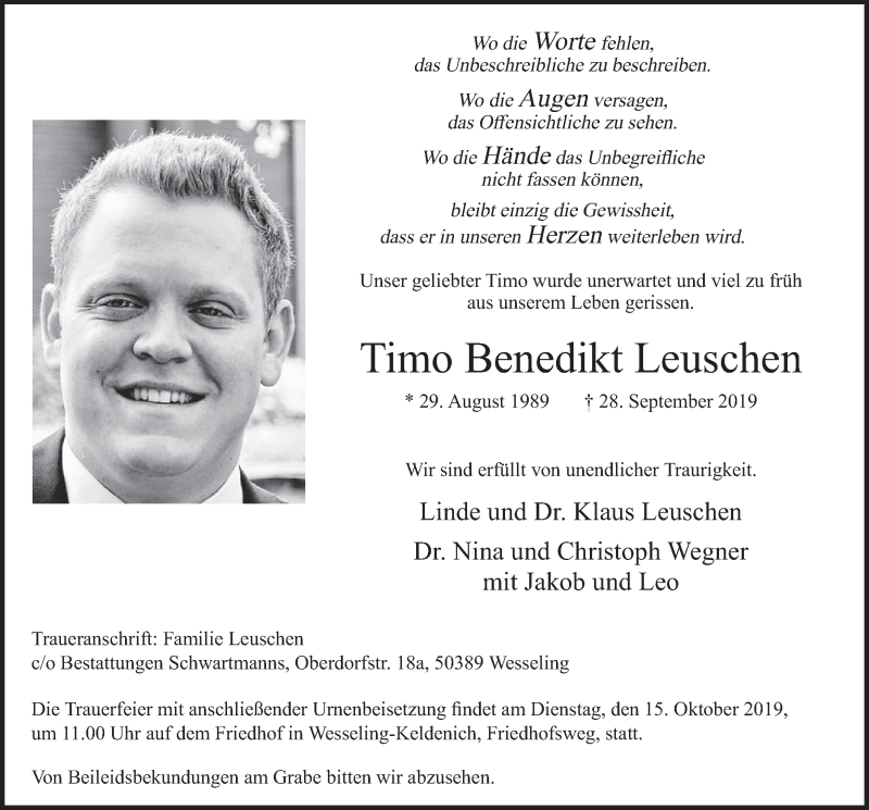  Traueranzeige für Timo Benedikt Leuschen vom 09.10.2019 aus  Schlossbote/Werbekurier  Werbepost 