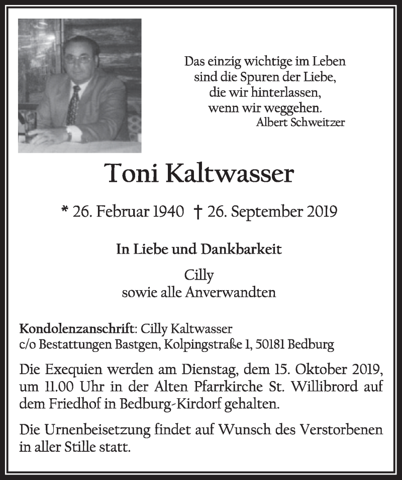  Traueranzeige für Toni Kaltwasser vom 05.10.2019 aus  Sonntags-Post 