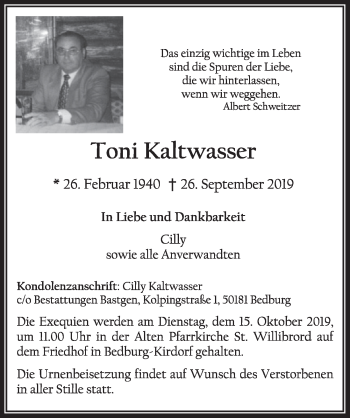 Anzeige von Toni Kaltwasser von  Sonntags-Post 