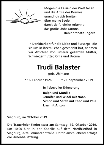 Anzeige von Trudi Balaster von Kölner Stadt-Anzeiger / Kölnische Rundschau / Express