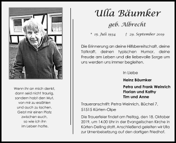 Anzeige von Ulla Bäumker von Kölner Stadt-Anzeiger / Kölnische Rundschau / Express