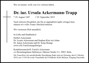 Anzeige von Ursula Ackermann-Trapp von Kölner Stadt-Anzeiger / Kölnische Rundschau / Express