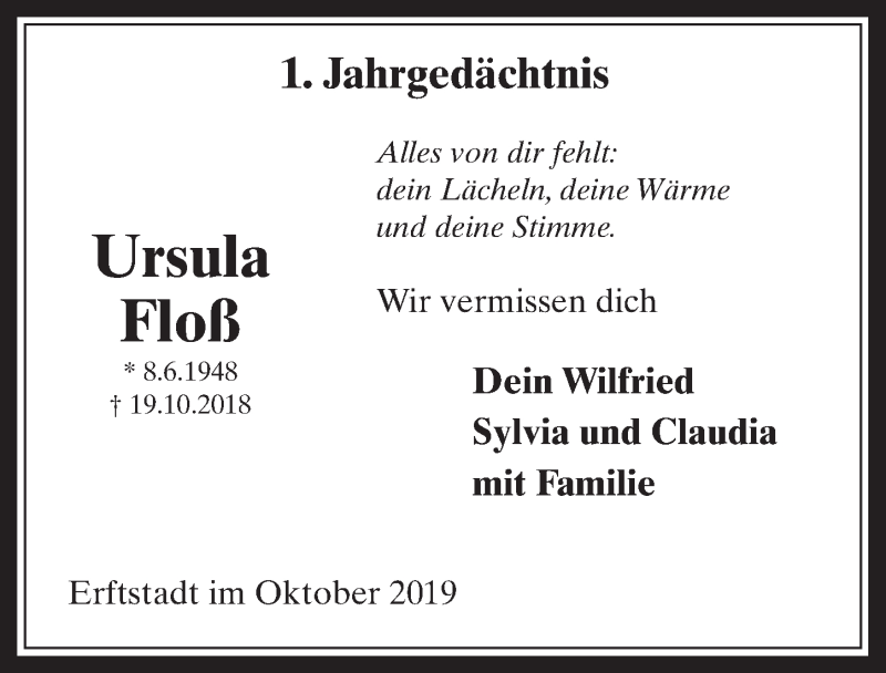  Traueranzeige für Ursula Floß vom 16.10.2019 aus  Werbepost 