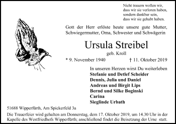 Anzeige von Ursula Streibel von Kölner Stadt-Anzeiger / Kölnische Rundschau / Express
