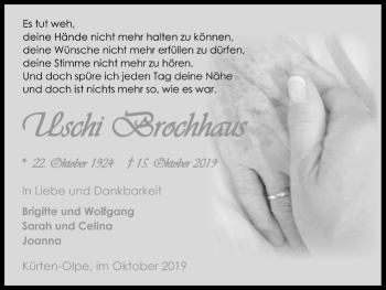 Anzeige von Uschi Brochhaus von Kölner Stadt-Anzeiger / Kölnische Rundschau / Express