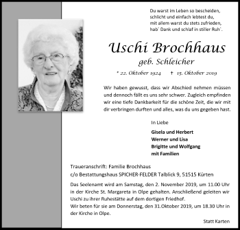 Anzeige von Uschi Brochhaus von Kölner Stadt-Anzeiger / Kölnische Rundschau / Express