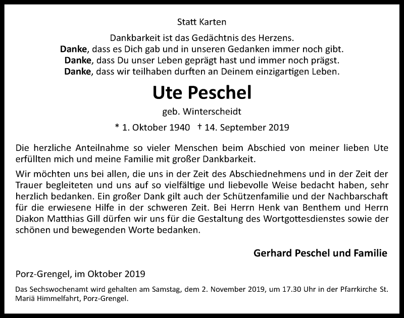  Traueranzeige für Ute Peschel vom 16.10.2019 aus  Kölner Wochenspiegel 
