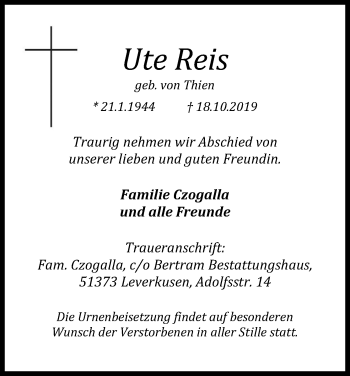 Anzeige von Ute Reis von Kölner Stadt-Anzeiger / Kölnische Rundschau / Express