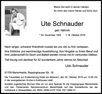 Anzeige von Ute Schnauder von Kölner Stadt-Anzeiger / Kölnische Rundschau / Express