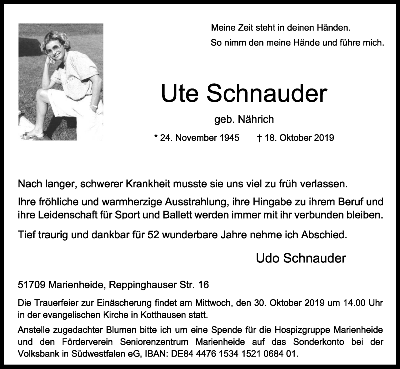  Traueranzeige für Ute Schnauder vom 26.10.2019 aus Kölner Stadt-Anzeiger / Kölnische Rundschau / Express
