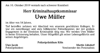 Anzeige von Uwe Müller von Kölner Stadt-Anzeiger / Kölnische Rundschau / Express
