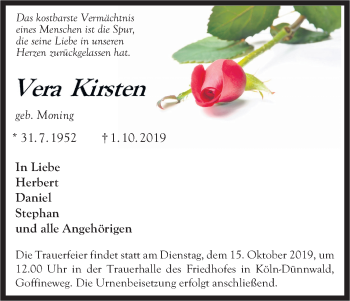 Anzeige von Vera Kirsten von Kölner Stadt-Anzeiger / Kölnische Rundschau / Express