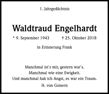 Anzeige von Waldtraud Engelhardt von Kölner Stadt-Anzeiger / Kölnische Rundschau / Express