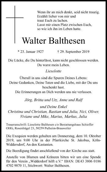 Anzeige von Walter Balthesen von Kölner Stadt-Anzeiger / Kölnische Rundschau / Express