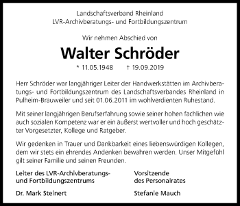 Anzeige von Walter Schröder von Kölner Stadt-Anzeiger / Kölnische Rundschau / Express