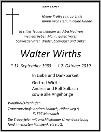 Anzeige von Walter Wirths von  Lokalanzeiger 