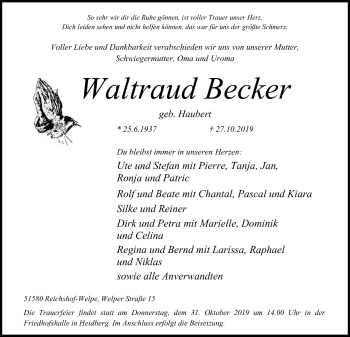 Anzeige von Waltraud Becker von Kölner Stadt-Anzeiger / Kölnische Rundschau / Express