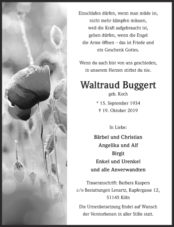Anzeige von Waltraud Buggert von  Kölner Wochenspiegel 
