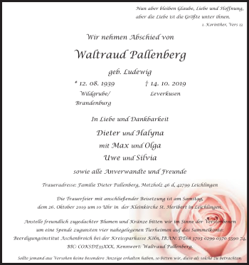 Anzeige von Waltraud Pallenberg von Kölner Stadt-Anzeiger / Kölnische Rundschau / Express