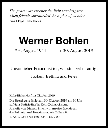 Anzeige von Werner Bohlen von Kölner Stadt-Anzeiger / Kölnische Rundschau / Express