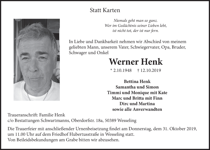  Traueranzeige für Werner Henk vom 23.10.2019 aus  Schlossbote/Werbekurier 