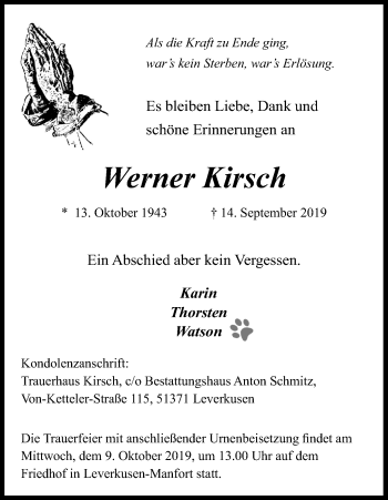 Anzeige von Werner Kirsch von Kölner Stadt-Anzeiger / Kölnische Rundschau / Express
