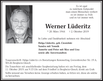 Anzeige von Werner Lüderitz von  Sonntags-Post 
