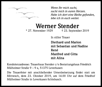 Anzeige von Werner Stender von Kölner Stadt-Anzeiger / Kölnische Rundschau / Express