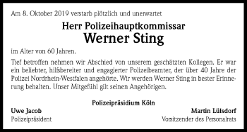 Anzeige von Werner Sting von Kölner Stadt-Anzeiger / Kölnische Rundschau / Express