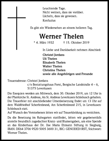 Anzeige von Werner Thelen von Kölner Stadt-Anzeiger / Kölnische Rundschau / Express