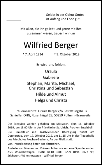 Anzeige von Wilfried Berger von Kölner Stadt-Anzeiger / Kölnische Rundschau / Express