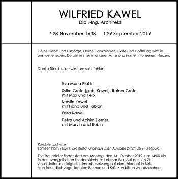 Anzeige von Wilfried Kawel von Kölner Stadt-Anzeiger / Kölnische Rundschau / Express