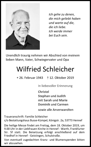 Anzeige von Wilfried Schleicher von Kölner Stadt-Anzeiger / Kölnische Rundschau / Express