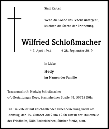 Anzeige von Wilfried Schloßmacher von Kölner Stadt-Anzeiger / Kölnische Rundschau / Express